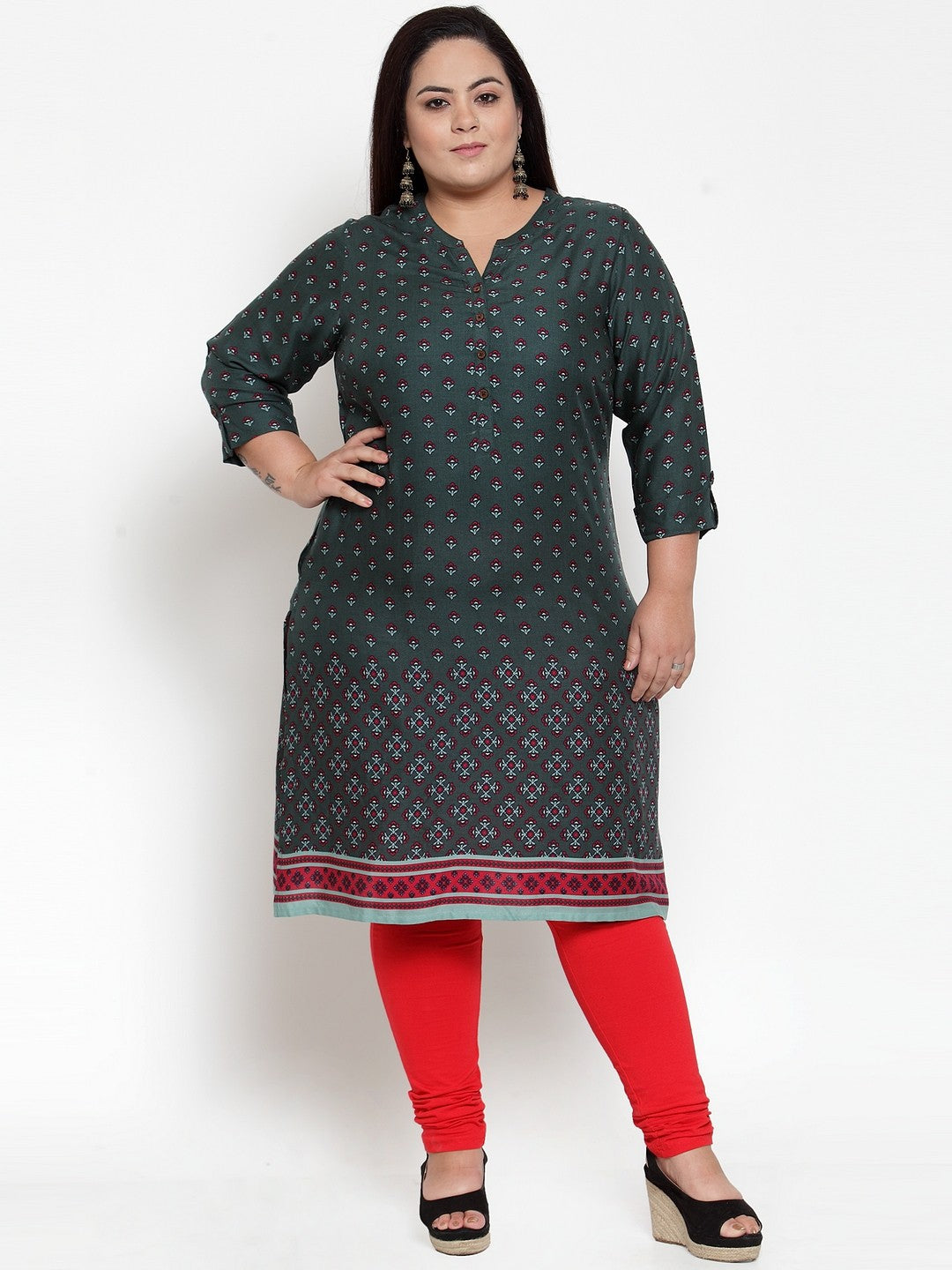 plusS Women Green  Red Printed Straight Kurta