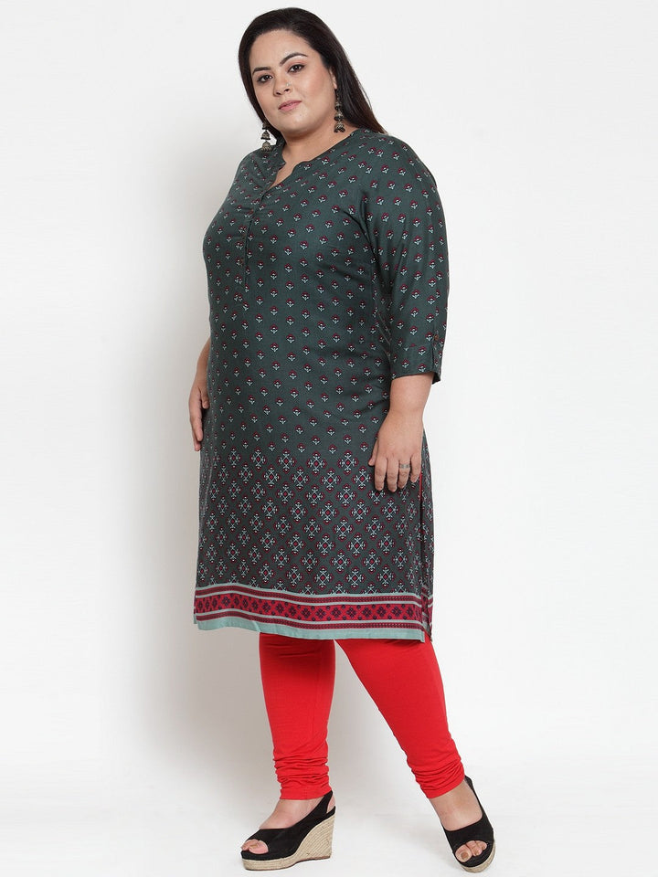 plusS Women Green  Red Printed Straight Kurta