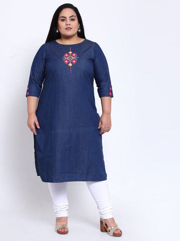 plusS Women Navy Blue Ethnic Motifs Embroidered Thread Work Kurta