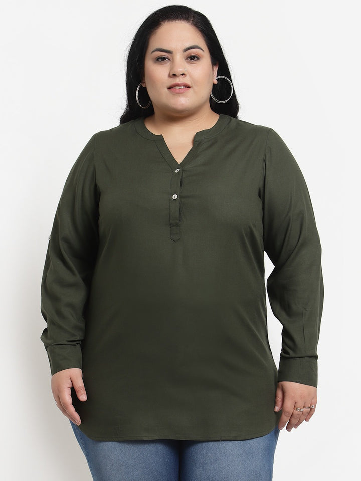 plusS Olive Green Solid Mandarin Collar Top