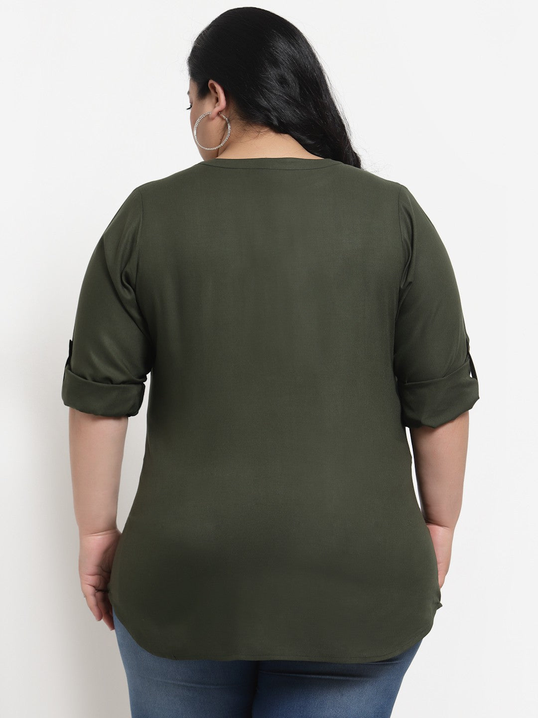 plusS Olive Green Solid Mandarin Collar Top