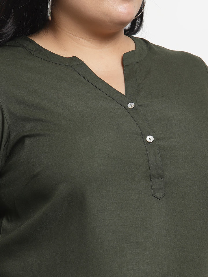 plusS Olive Green Solid Mandarin Collar Top