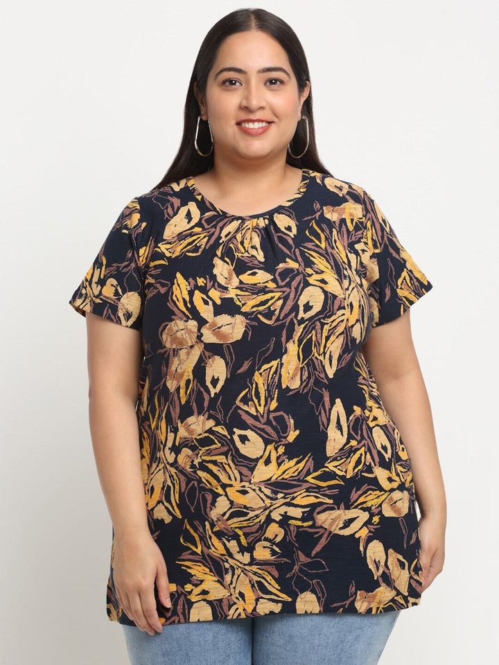 plusS Plus Size Abstract Printed Casual Cotton T-shirt