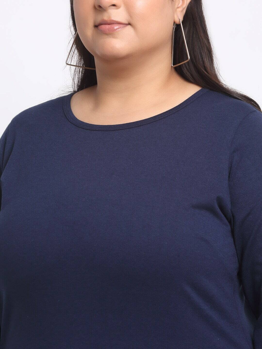 plusS  Plus Size Navy Blue Full Sleeve Longline Cotton T-shirt