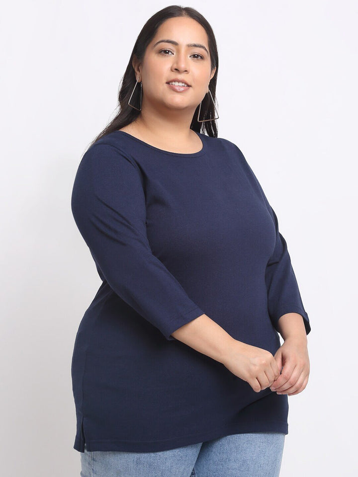 plusS  Plus Size Navy Blue Full Sleeve Longline Cotton T-shirt