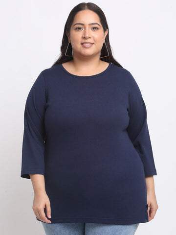 plusS  Plus Size Navy Blue Full Sleeve Longline Cotton T-shirt