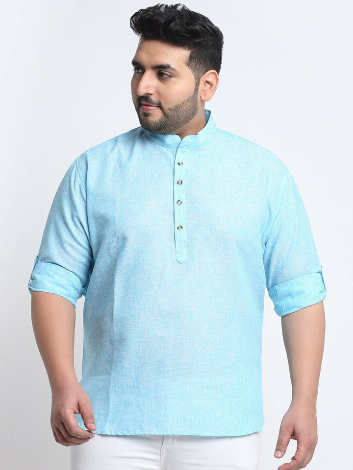 plusS Men Solid Mandarin Collar Cotton Kurta