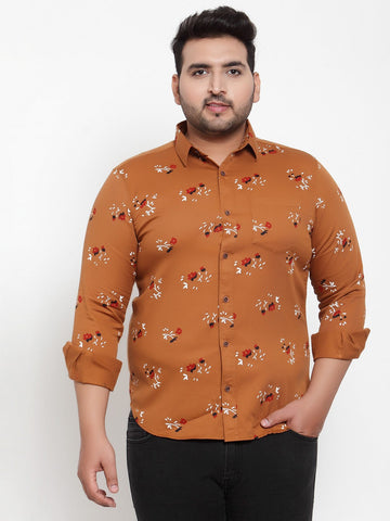 Plus Size Men Brown  Off-White Regular Fit Printed Casual Shirt