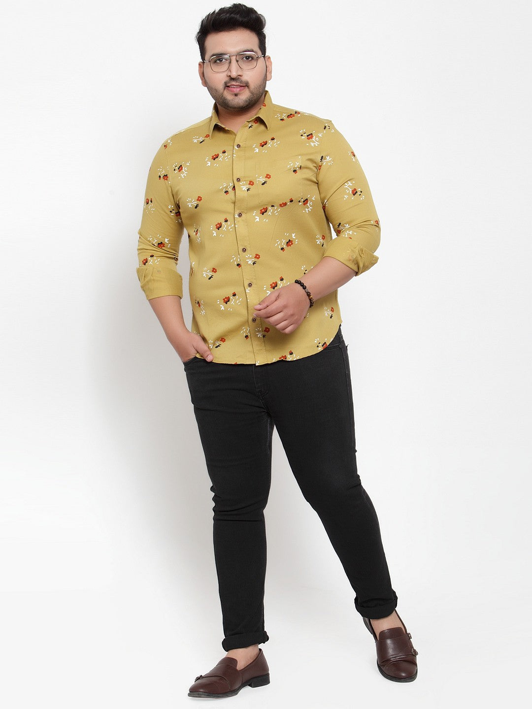 plusS Men Mustard Yellow Regular Fit Printed Casual Shirt