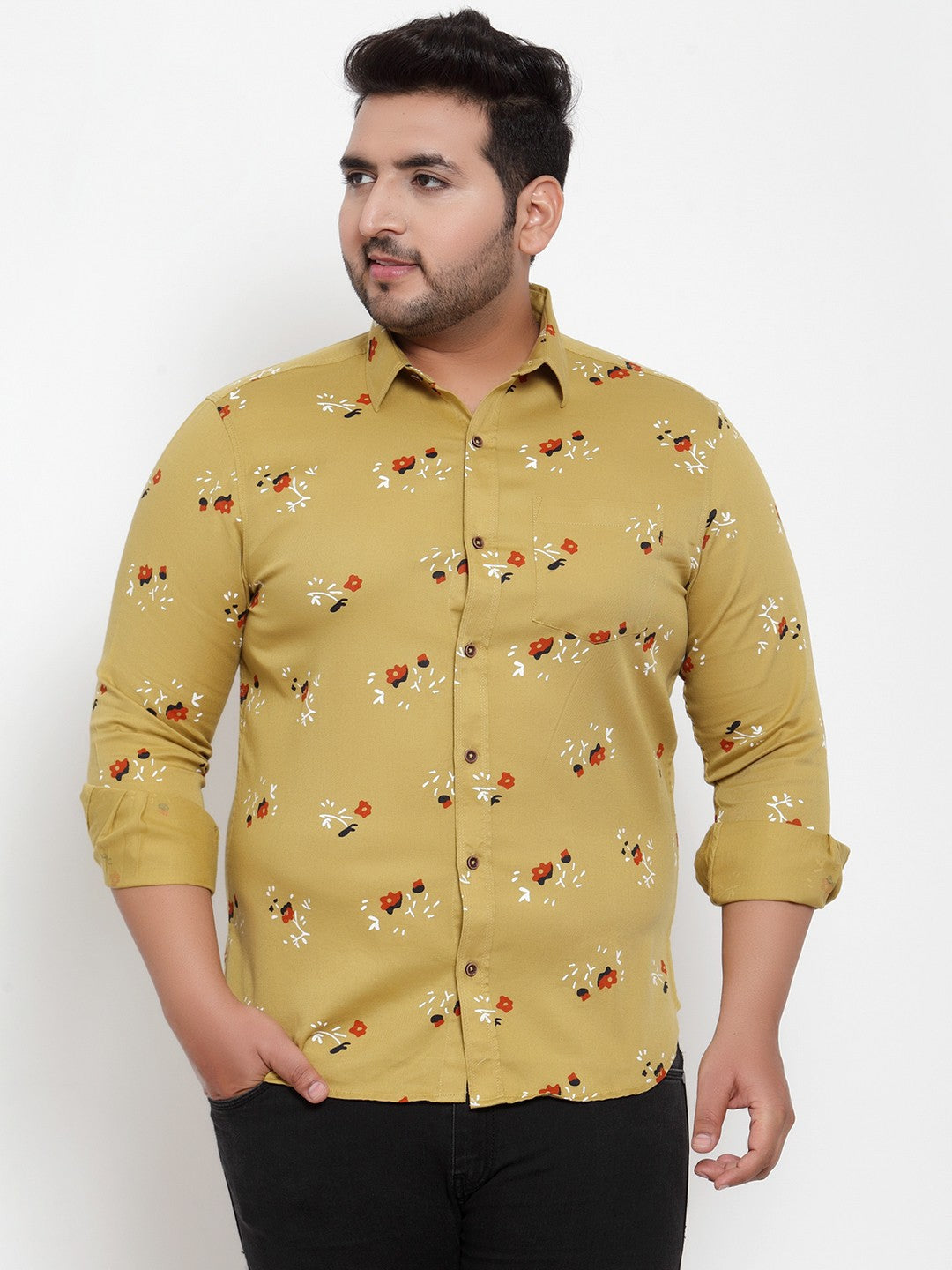 plusS Men Mustard Yellow Regular Fit Printed Casual Shirt