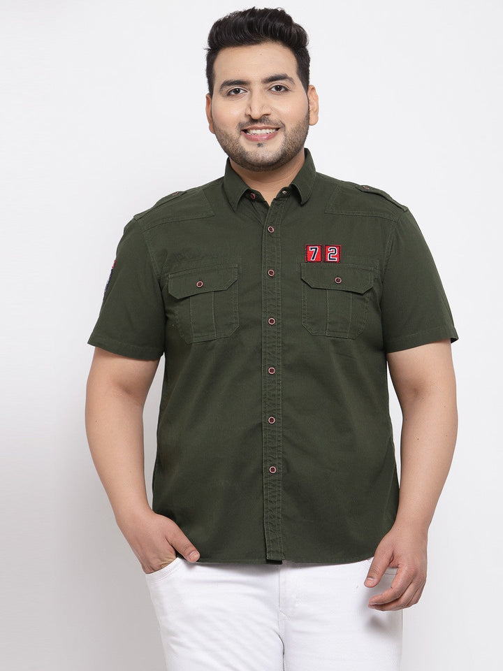 plusS Men Plus Size Olive Green Regular Fit Solid Casual Shirt