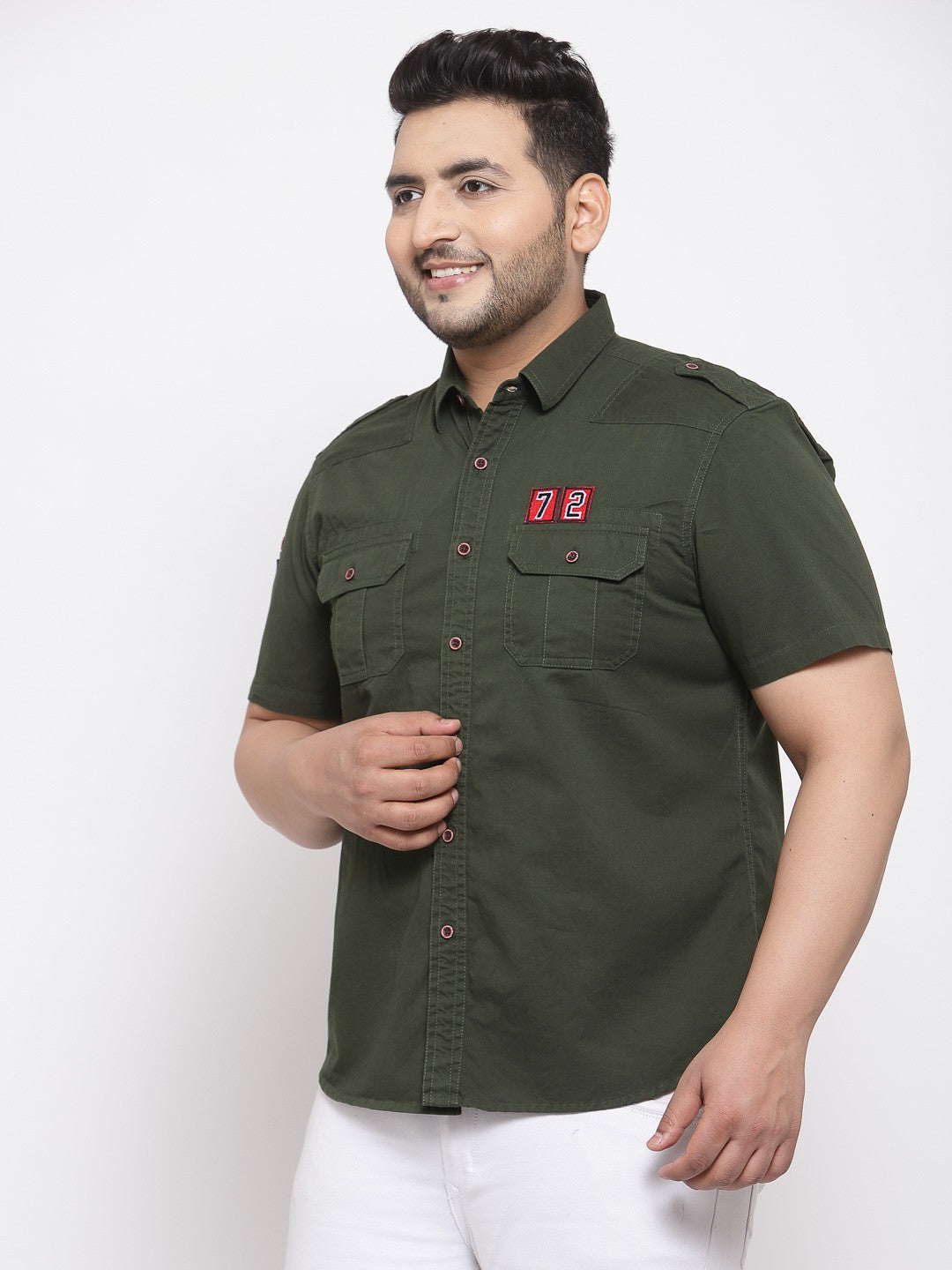 plusS Men Plus Size Olive Green Regular Fit Solid Casual Shirt