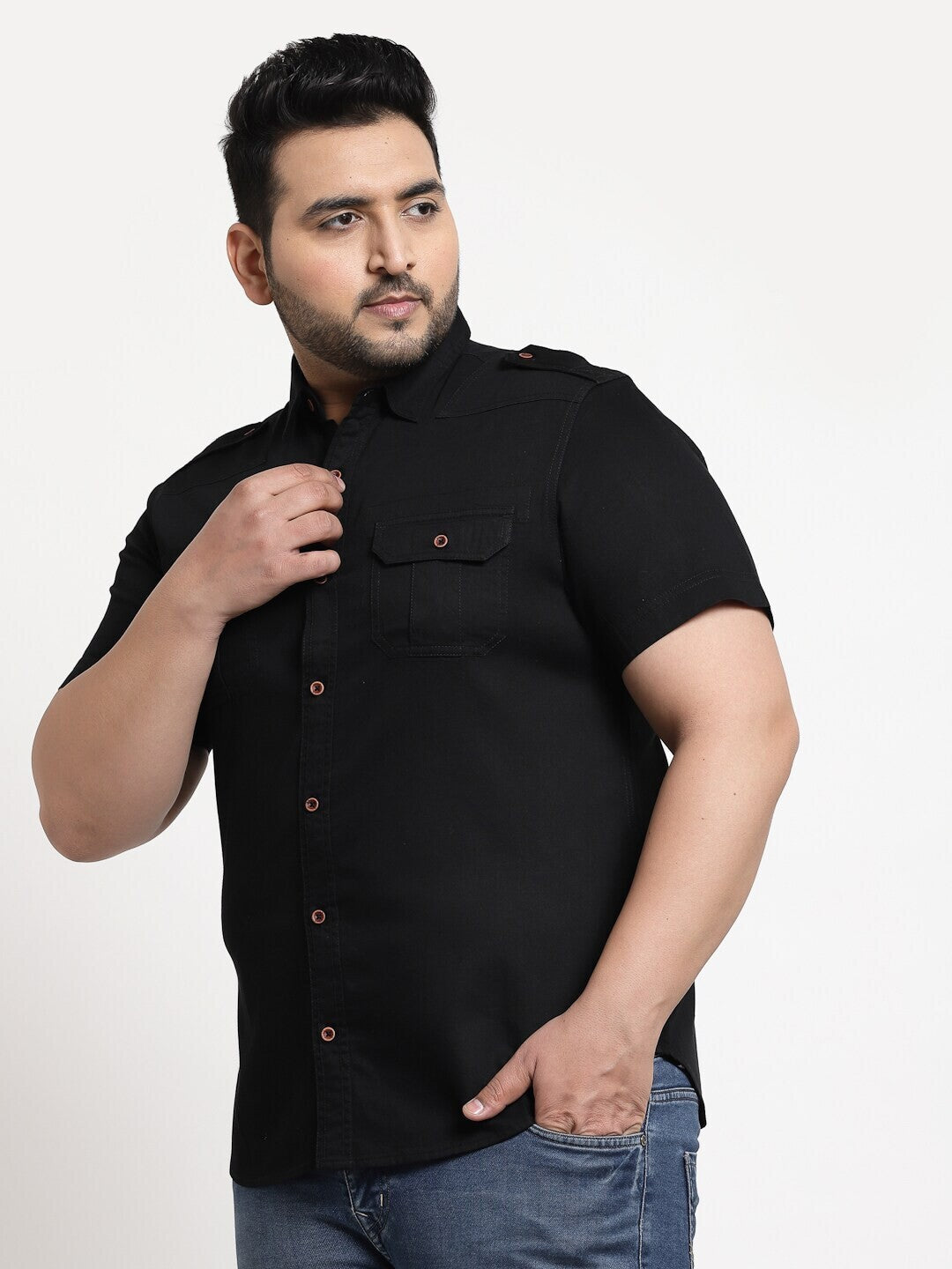 plusS Plus Size Men Black Solid Cotton Casual Shirt