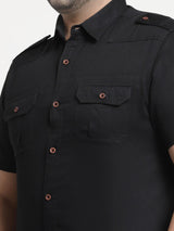 plusS Plus Size Men Black Solid Cotton Casual Shirt