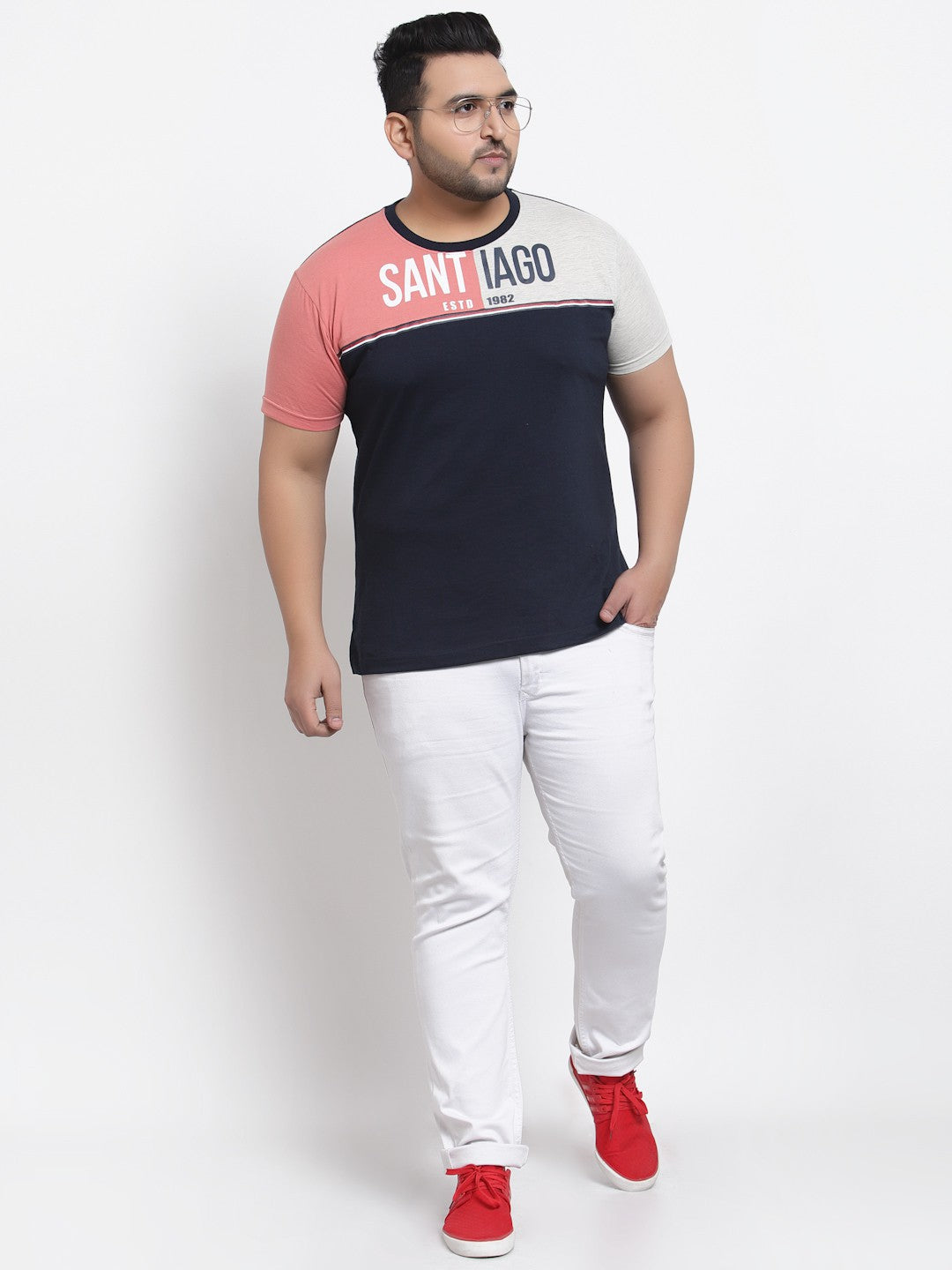 plusS Men Navy Blue  Coral Pink Colourblocked T-shirt