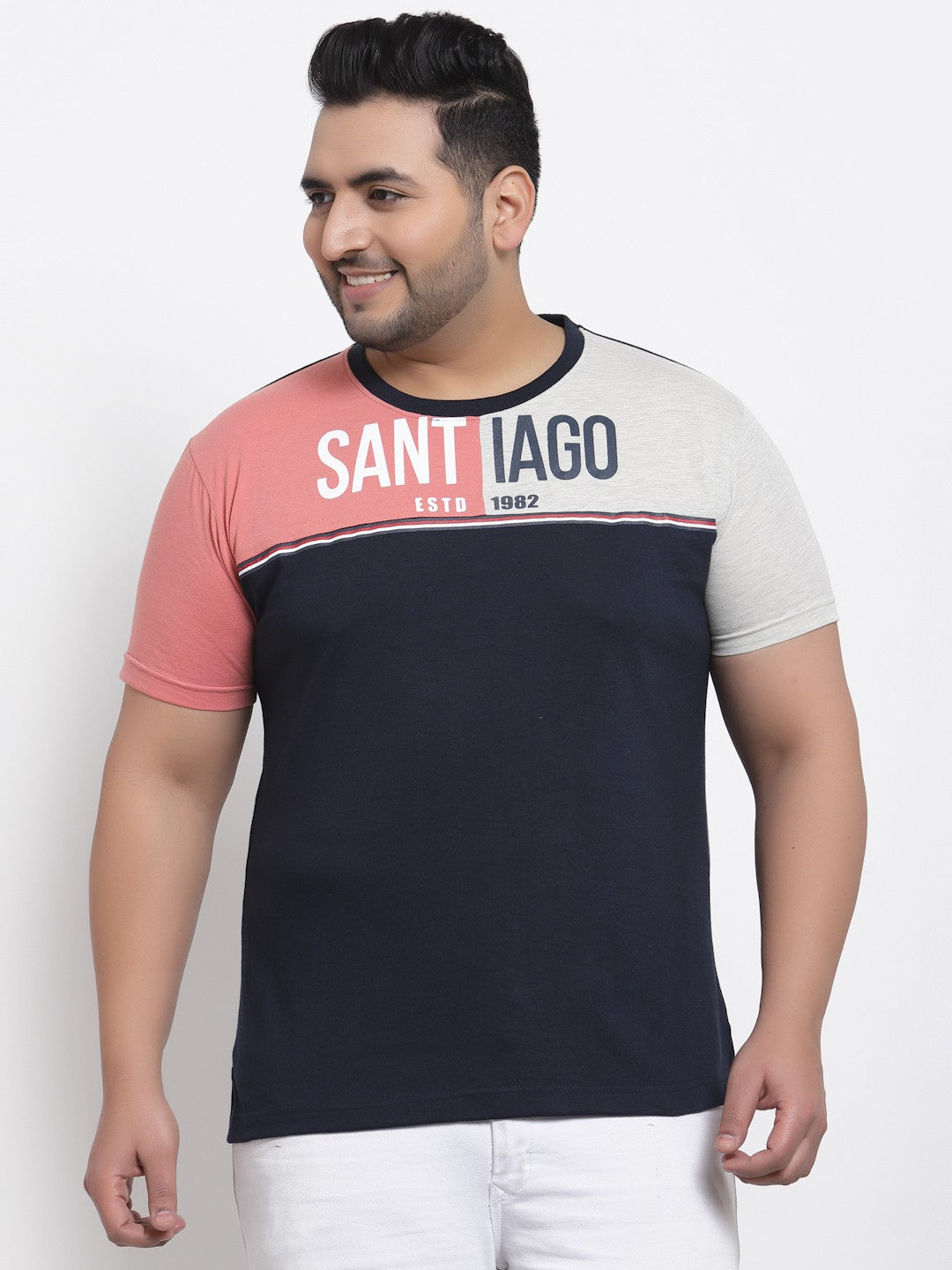 plusS Men Navy Blue  Coral Pink Colourblocked T-shirt