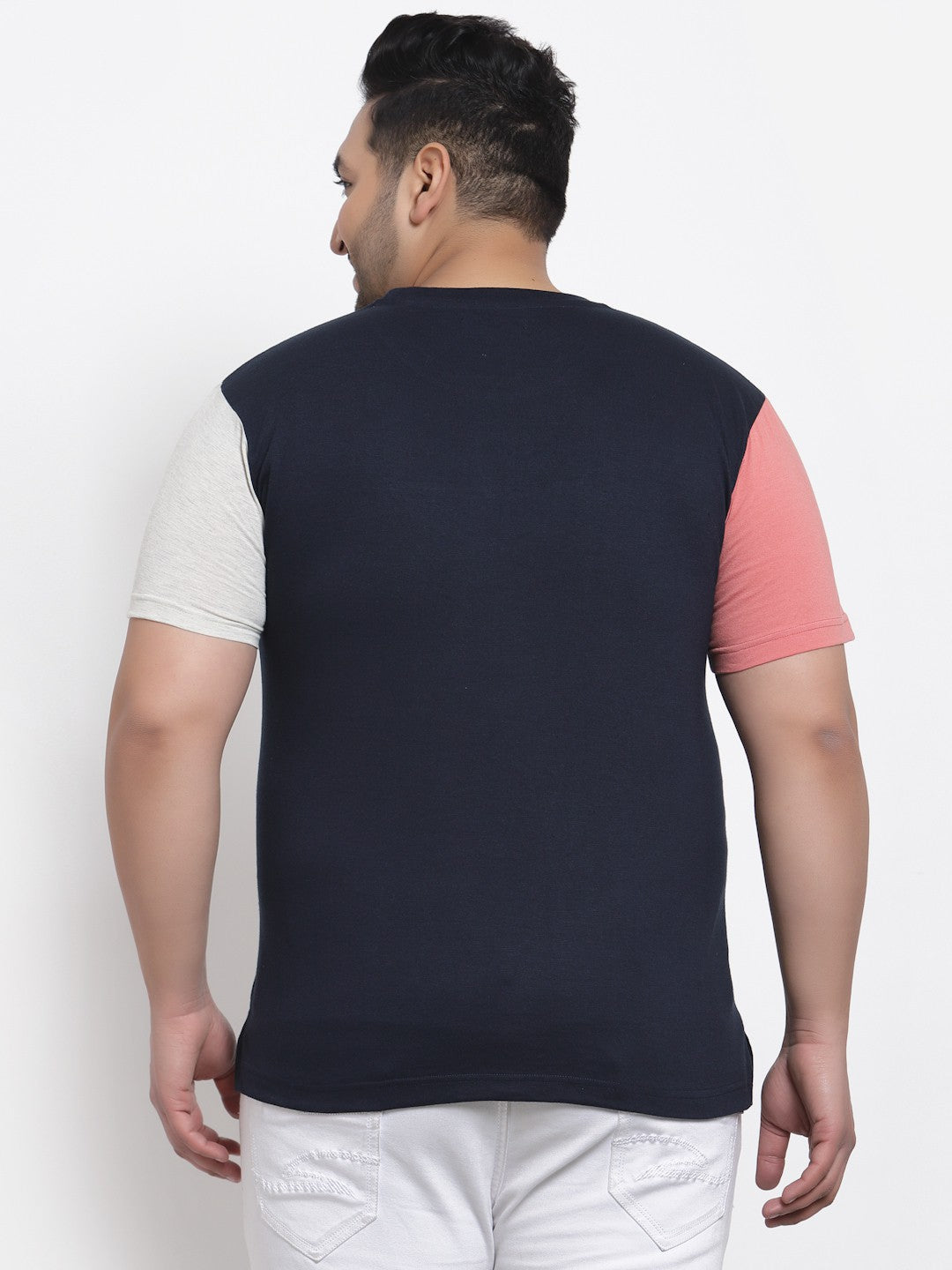 plusS Men Navy Blue  Coral Pink Colourblocked T-shirt