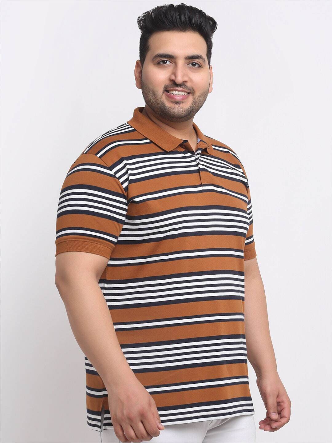 plusS Plus Size Brown Striped Polo Collar Cotton T-shirt