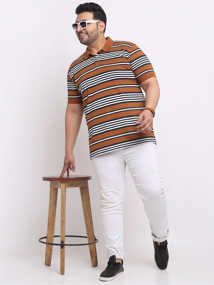 plusS Plus Size Brown Striped Polo Collar Cotton T-shirt