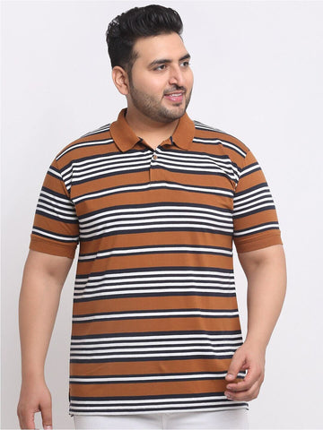 plusS Plus Size Brown Striped Polo Collar Cotton T-shirt