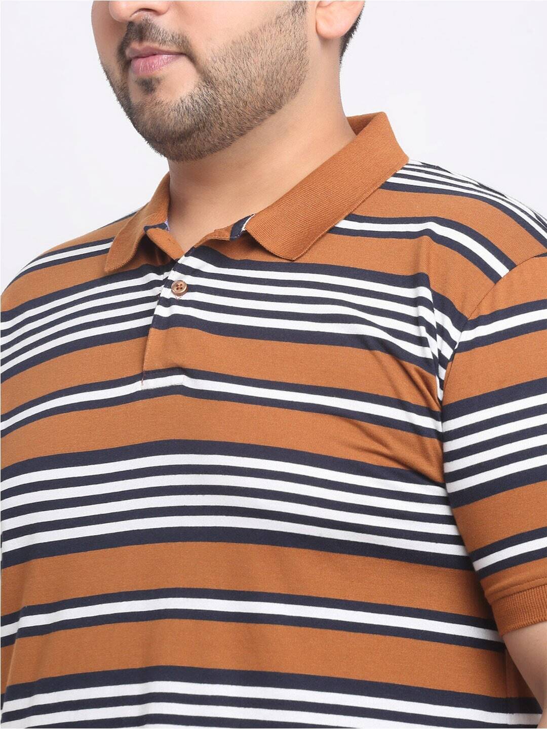 plusS Plus Size Brown Striped Polo Collar Cotton T-shirt