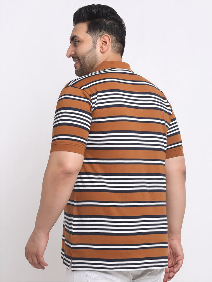 plusS Plus Size Brown Striped Polo Collar Cotton T-shirt