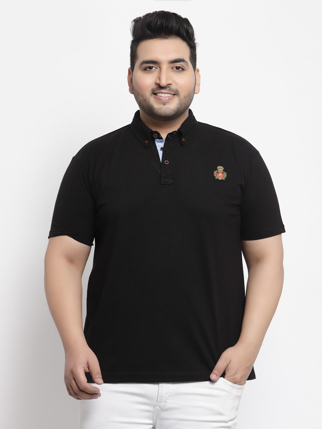 plusS Plus Size Men Black Polo Collar Pure Cotton T shirt