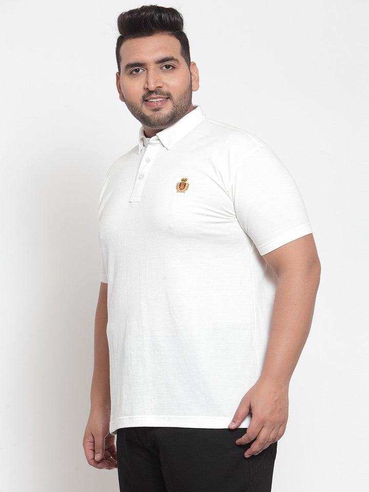 plusS Men White Solid Polo Collar Pure Cotton T-shirt