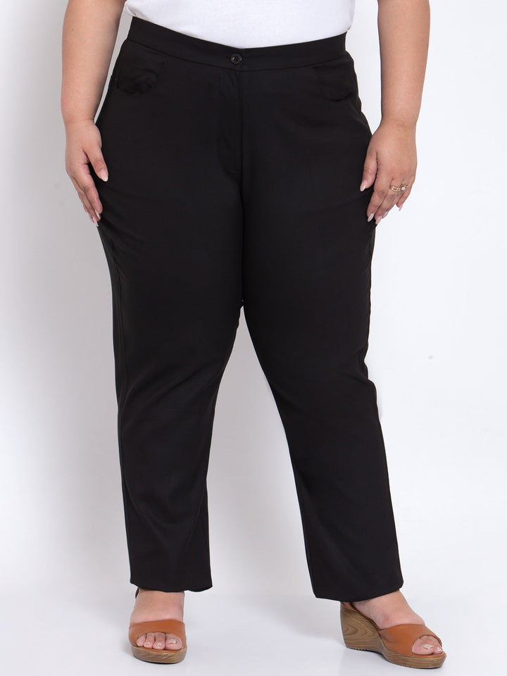 plusS Women Black Regular Fit Solid Cotton Formal Trousers