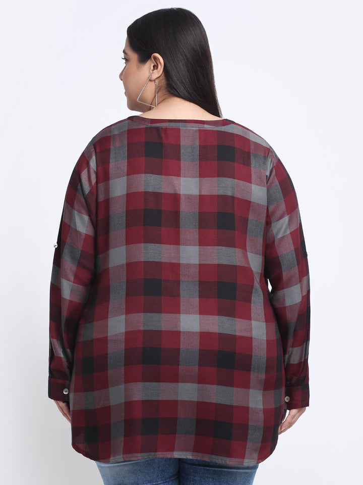 Plus Size Checked Mandarin Collar Roll-Up Sleeves Longline Top