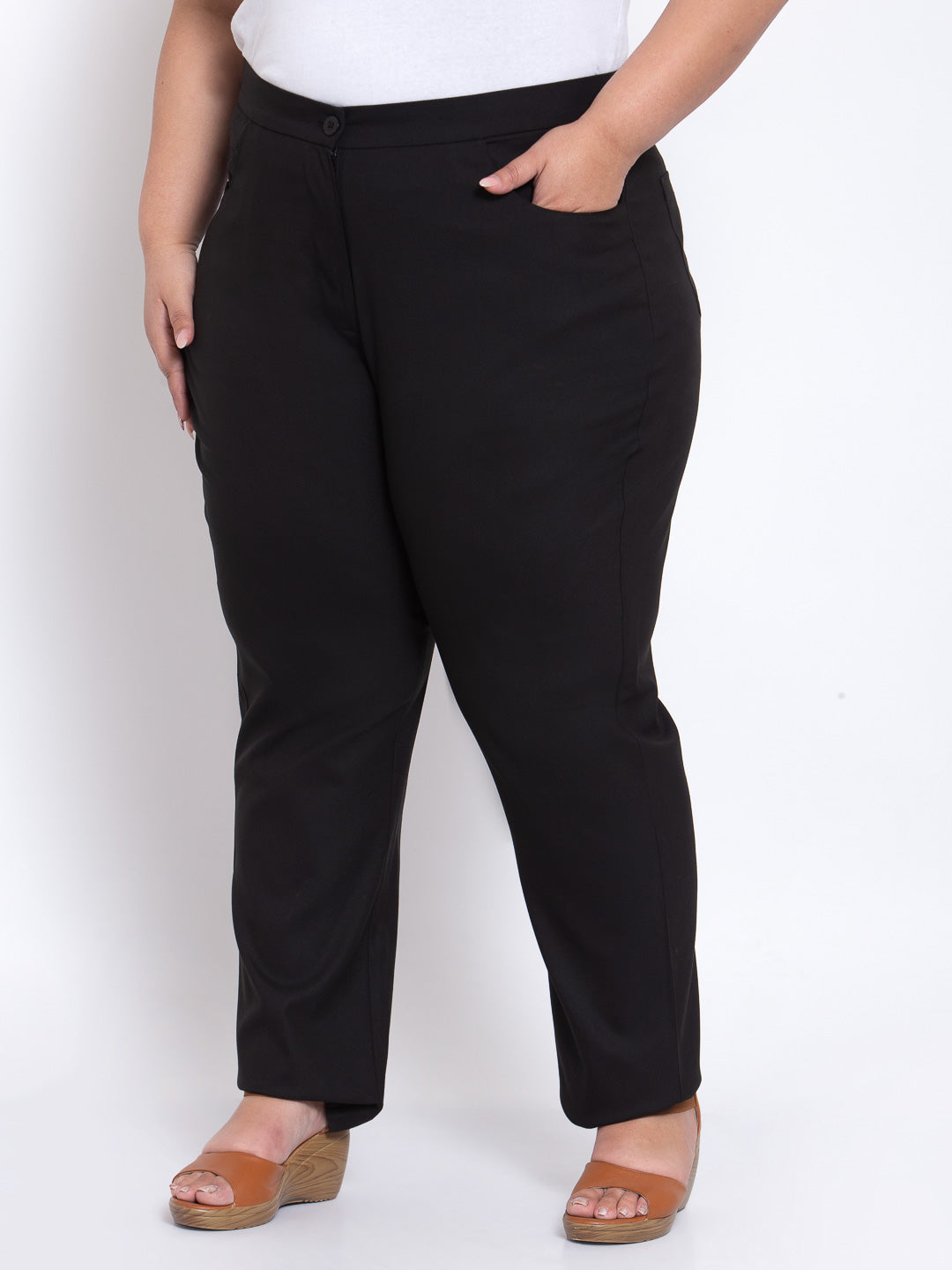 plusS Women Black Regular Fit Solid Cotton Formal Trousers