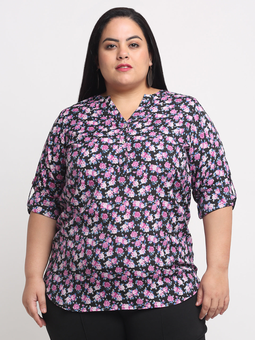 plusS Black  Purple Floral Print Mandarin Collar Roll-Up Sleeves Top