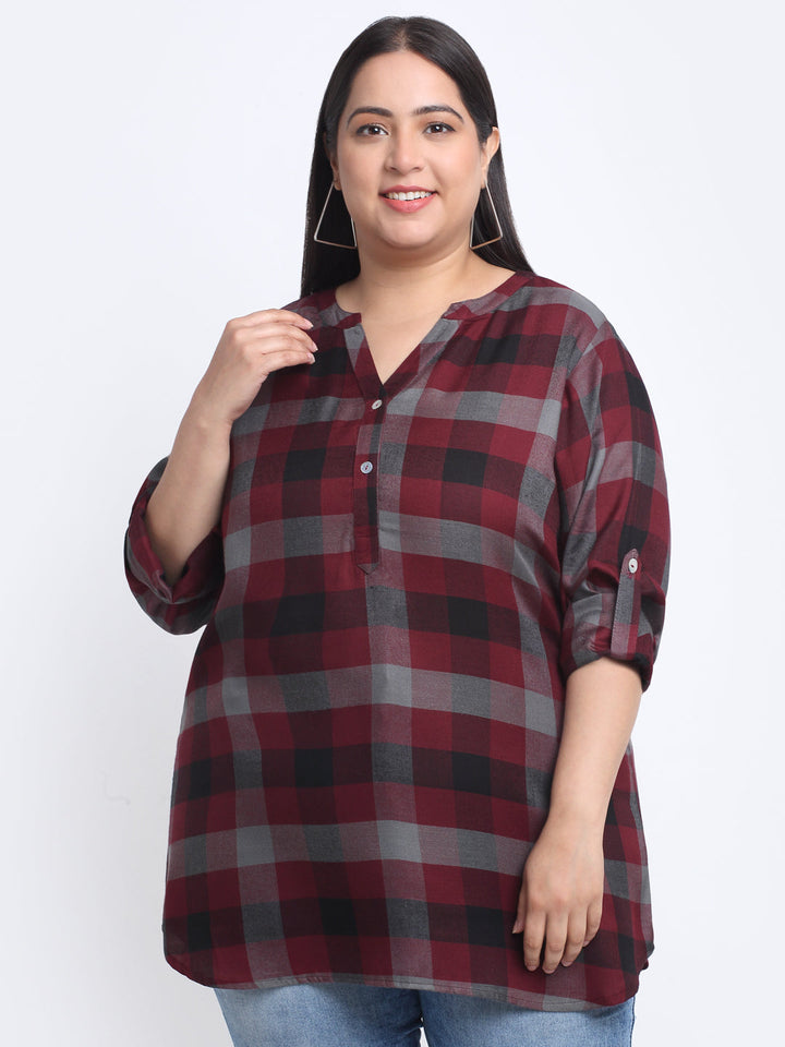 Plus Size Checked Mandarin Collar Roll-Up Sleeves Longline Top