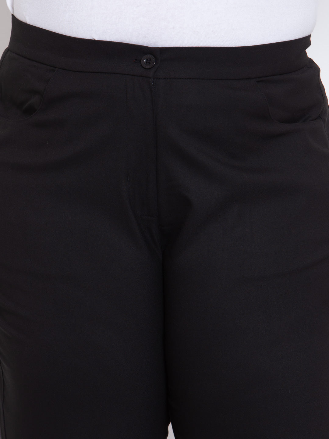 plusS Women Black Regular Fit Solid Cotton Formal Trousers