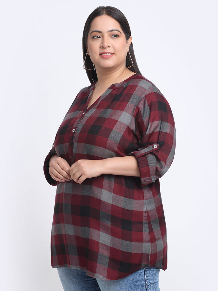 Plus Size Checked Mandarin Collar Roll-Up Sleeves Longline Top