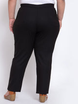 plusS Women Black Regular Fit Solid Cotton Formal Trousers