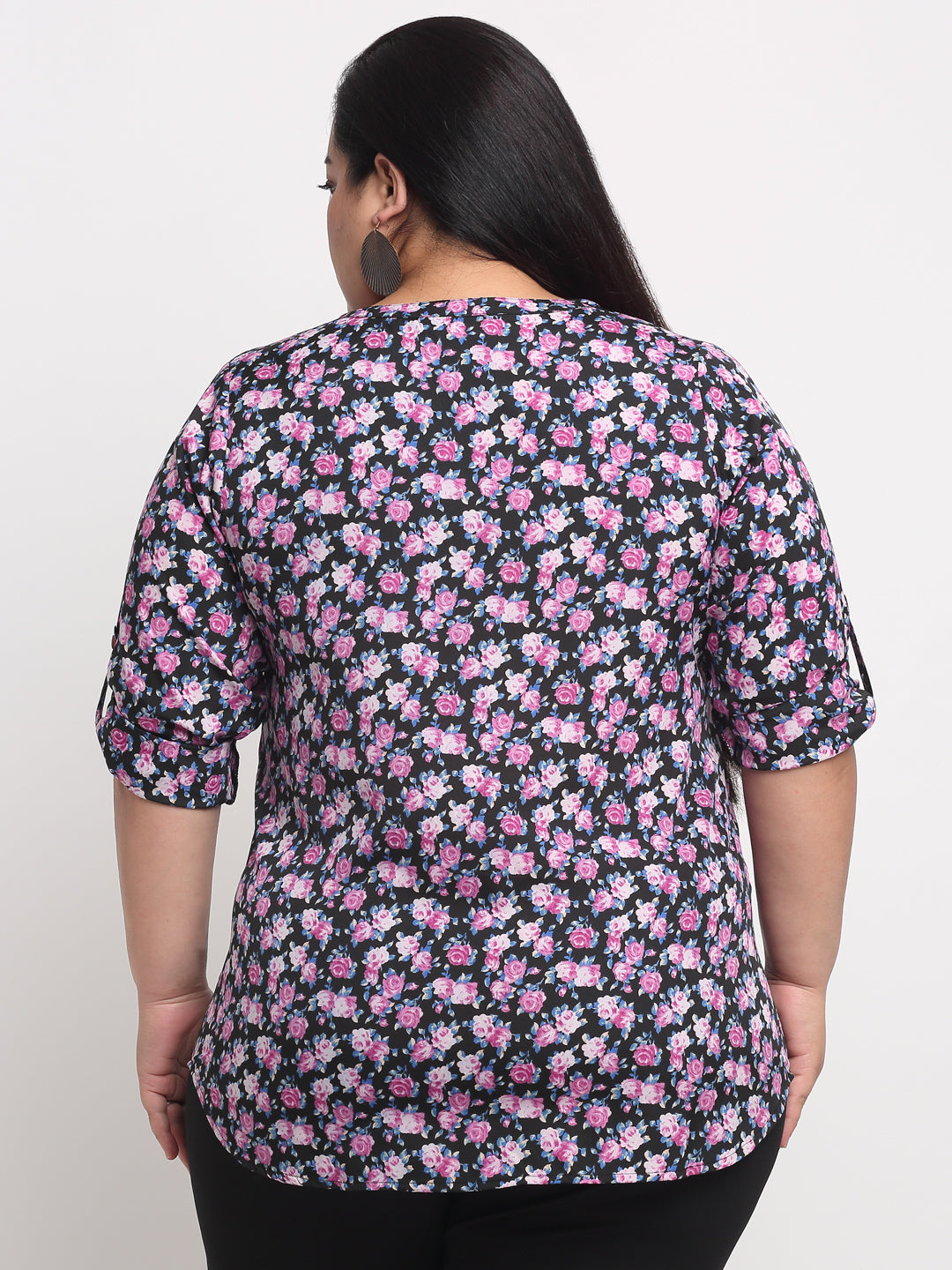 plusS Black  Purple Floral Print Mandarin Collar Roll-Up Sleeves Top