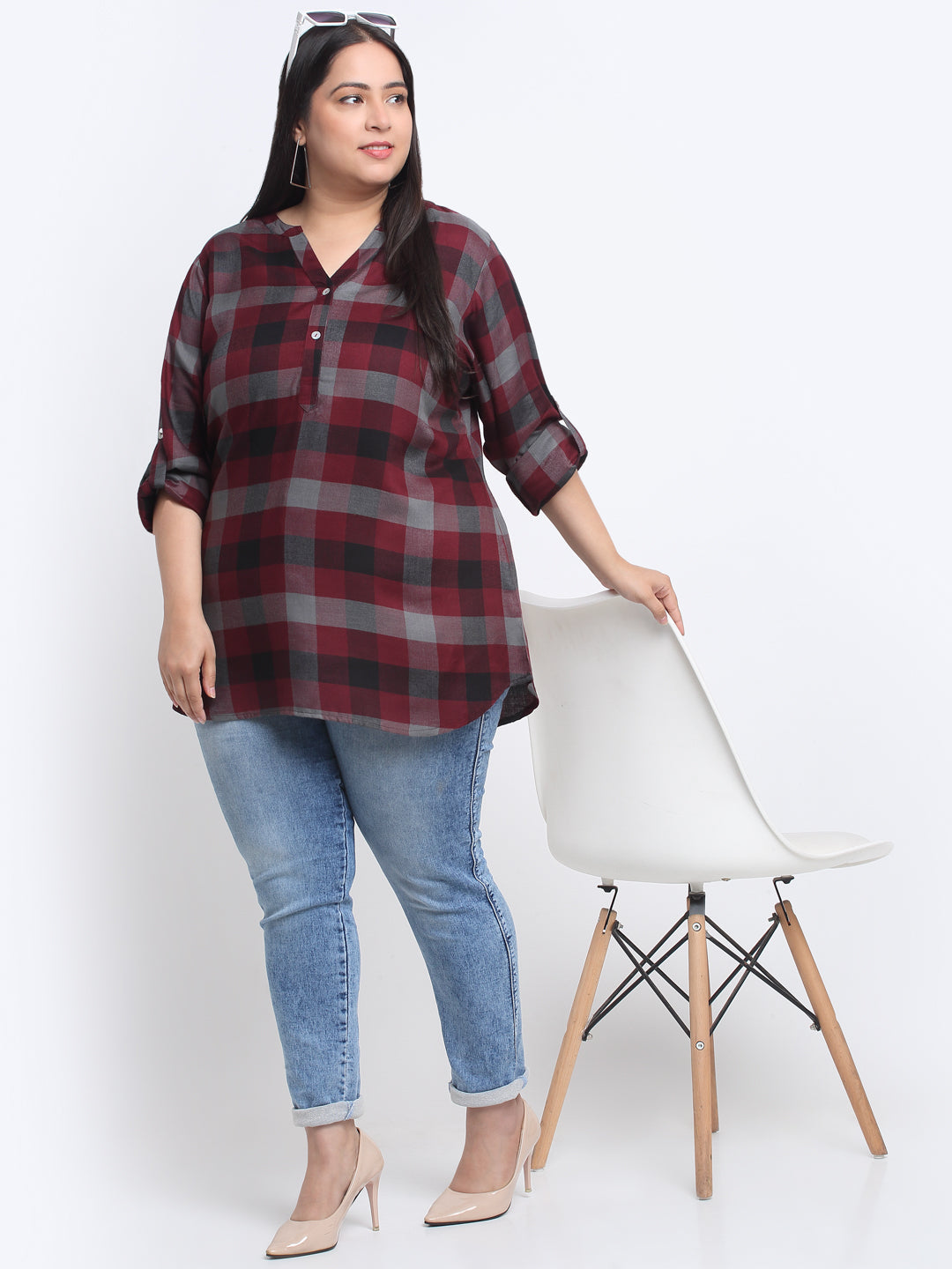 Plus Size Checked Mandarin Collar Roll-Up Sleeves Longline Top