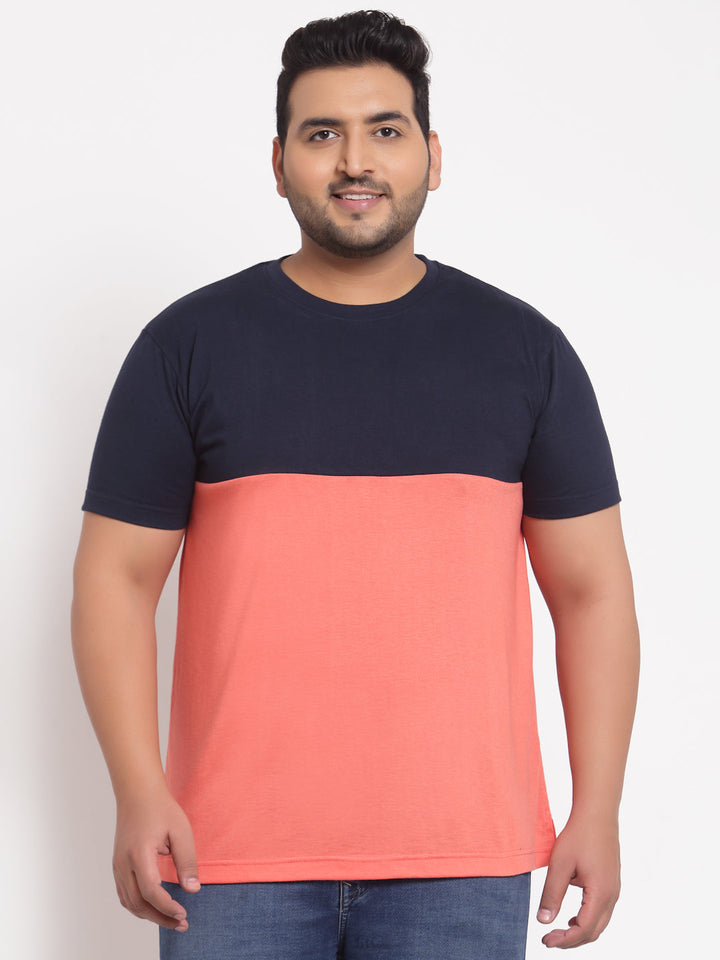 Men Pink Colourblocked V-Neck Pockets T-shirt