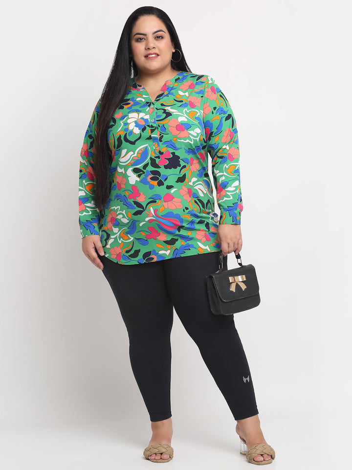 plusS Plus Size Green  Blue Floral Printed Mandarin Collar Top