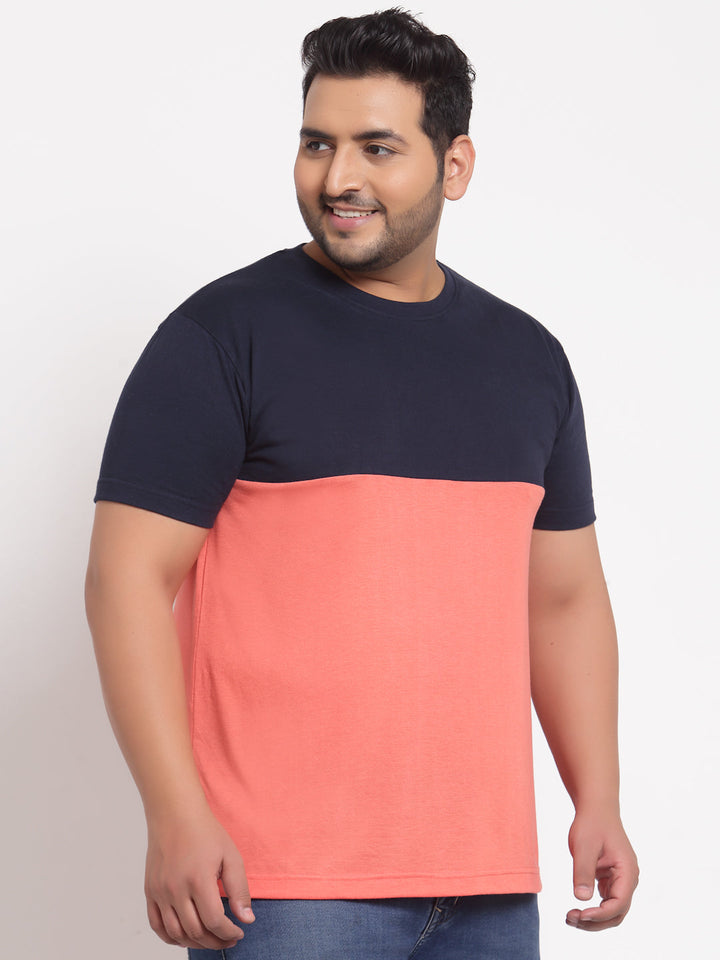 Men Pink Colourblocked V-Neck Pockets T-shirt