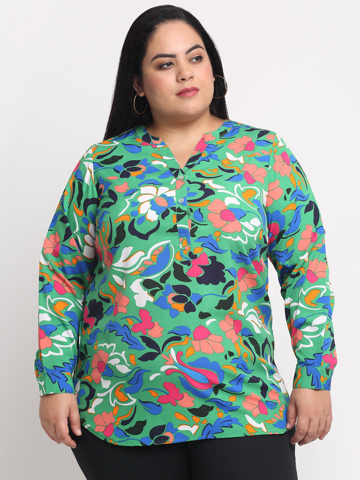 plusS Plus Size Green  Blue Floral Printed Mandarin Collar Top