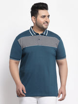 plusS Plus Size Men Teal  White Striped Polo Collar Cotton T-shirt