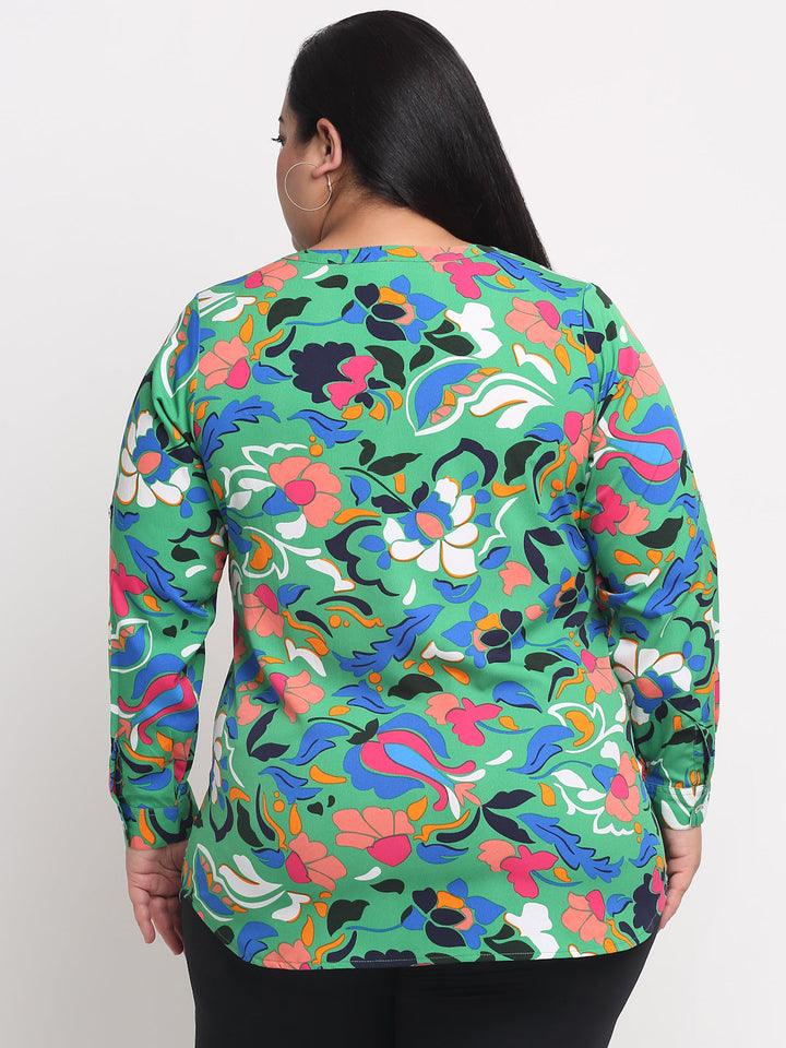 plusS Plus Size Green  Blue Floral Printed Mandarin Collar Top