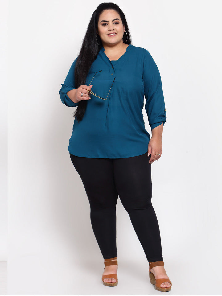 plusS Teal Mandarin Collar Regular Top