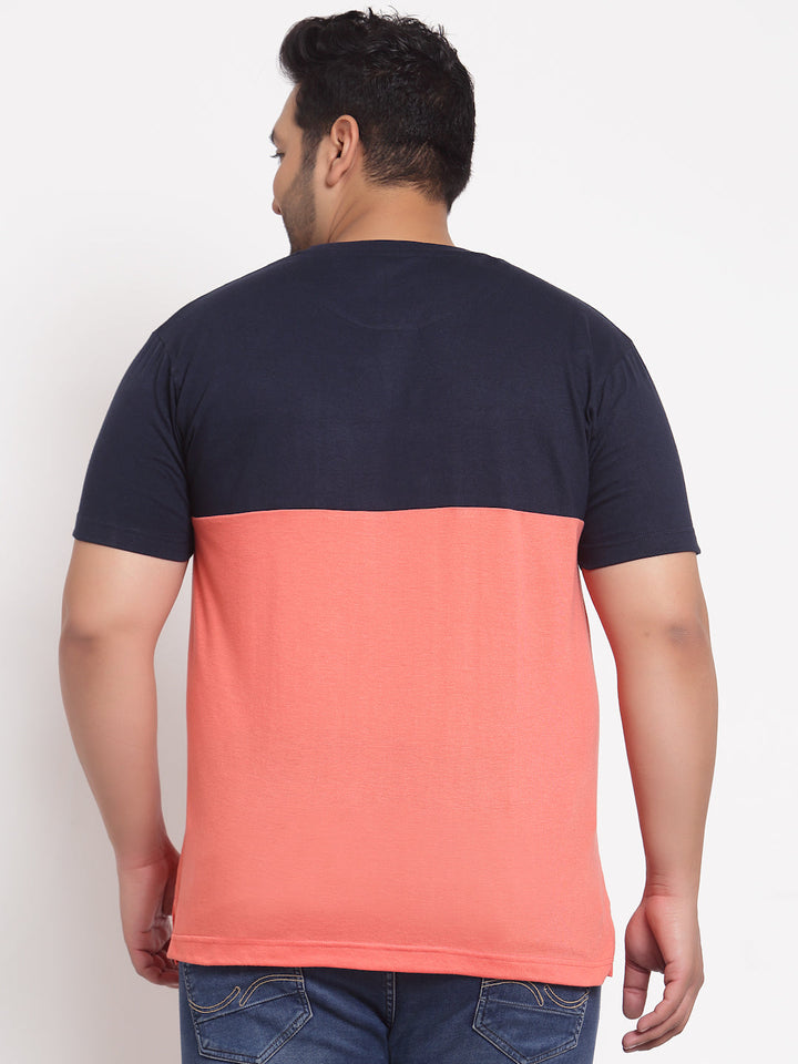 Men Pink Colourblocked V-Neck Pockets T-shirt