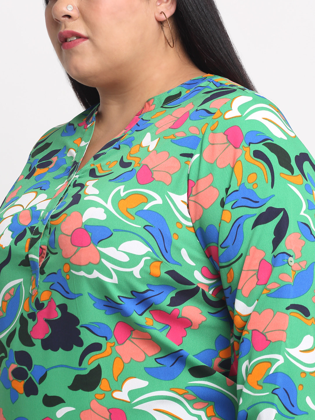 plusS Plus Size Green  Blue Floral Printed Mandarin Collar Top