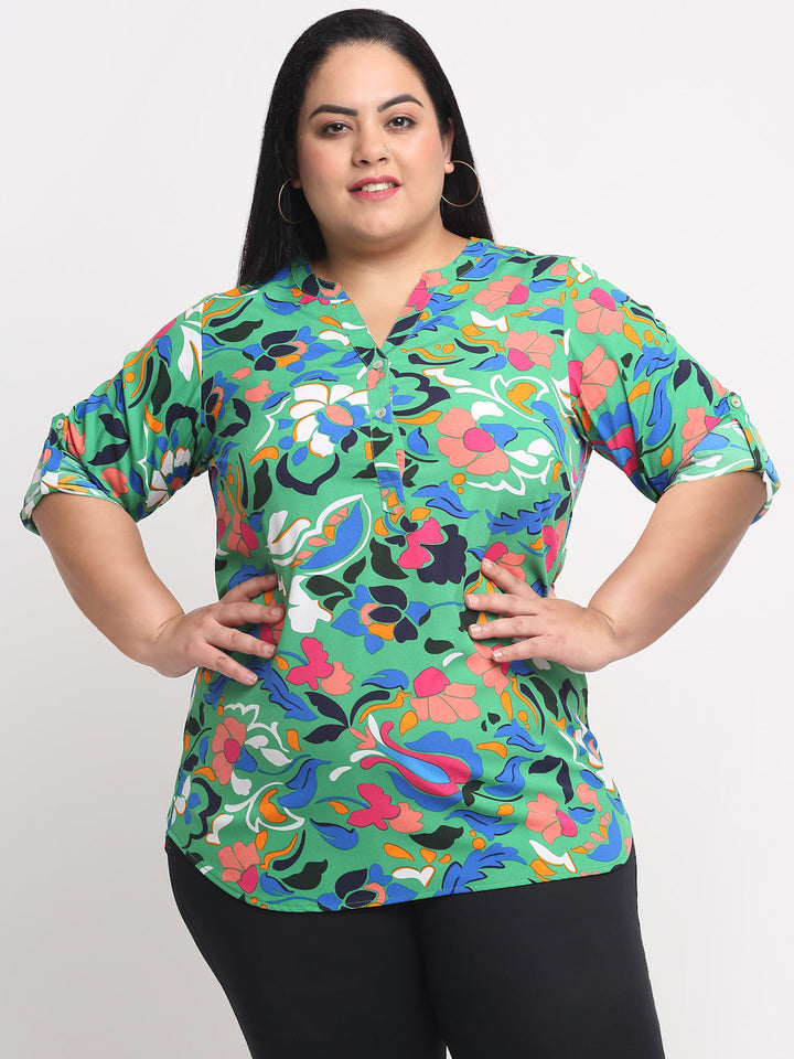 plusS Plus Size Green  Blue Floral Printed Mandarin Collar Top