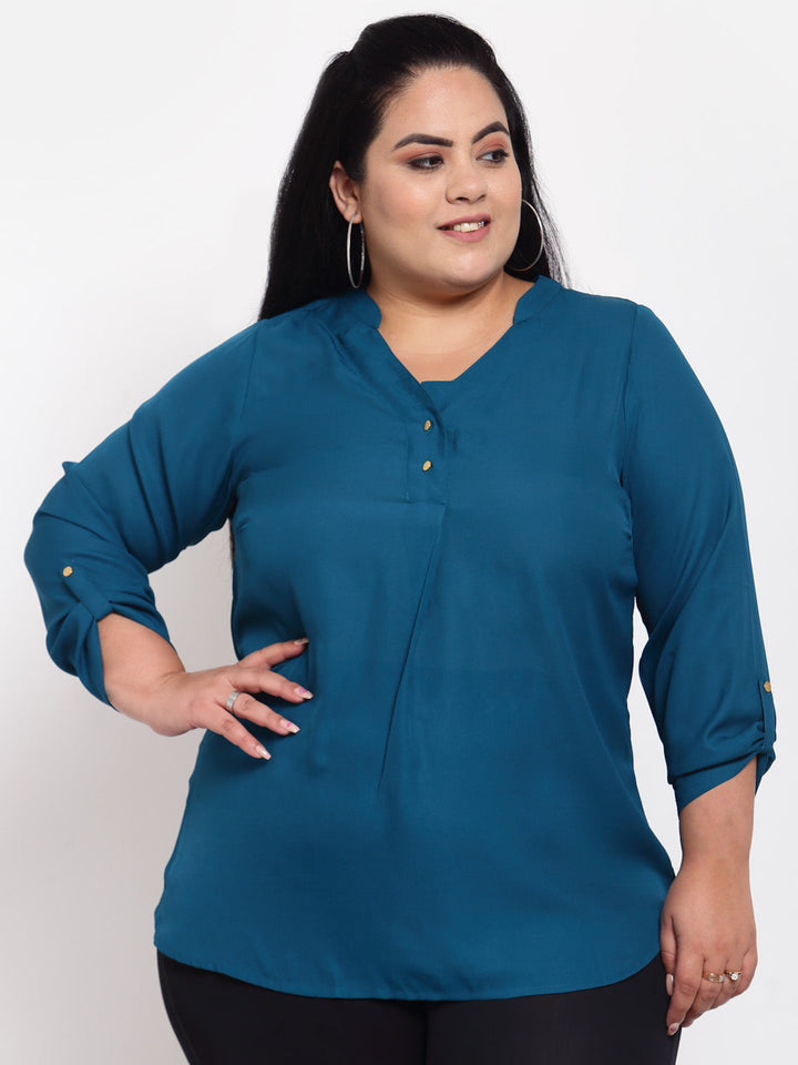 plusS Teal Mandarin Collar Regular Top