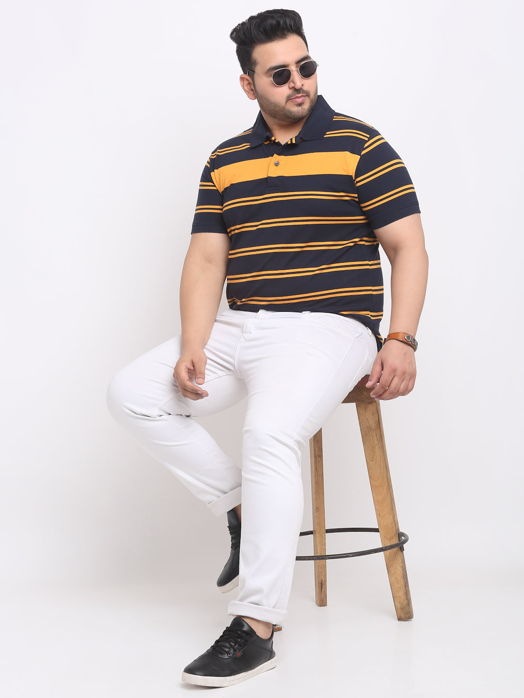 Plus Size Navy Blue Striped Polo Collar Cotton T-shirt